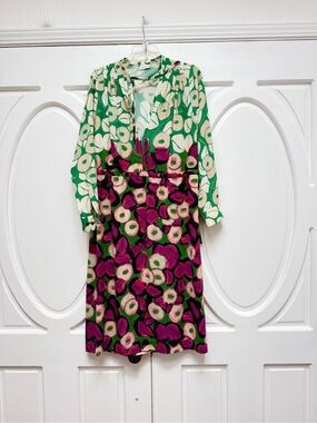 Dries Van Noten Green and Purple Floral Long-Sleeve Midi Dress